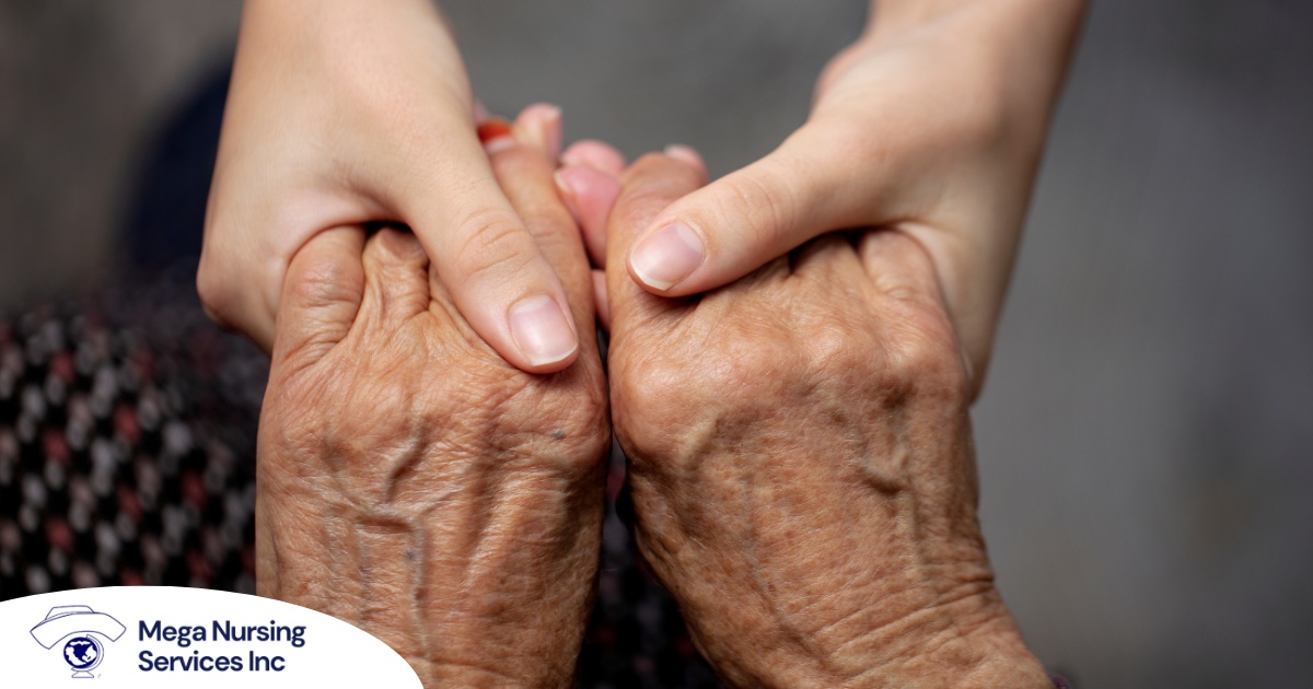 Younger hands hold older ones, representing the care and compassion of caregiving and how caregivers can help, even in ways like implementing stroke prevention strategies.