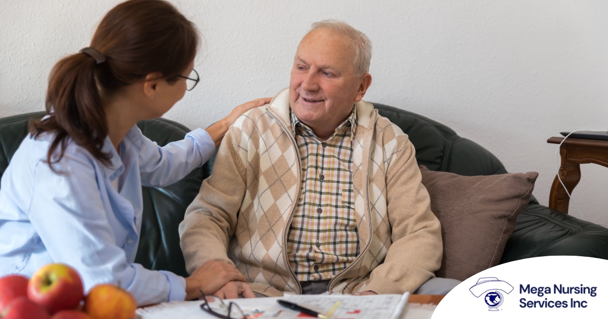 A caregiver compassionately listens to an older man, representing the kind of patience and empathy that help with communicating with clients who have dementia.