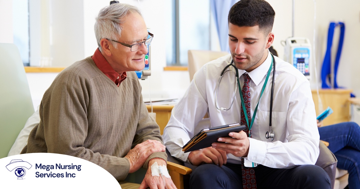 An older man talks with a doctor representing the effective communication that family caregivers should endeavor to have.