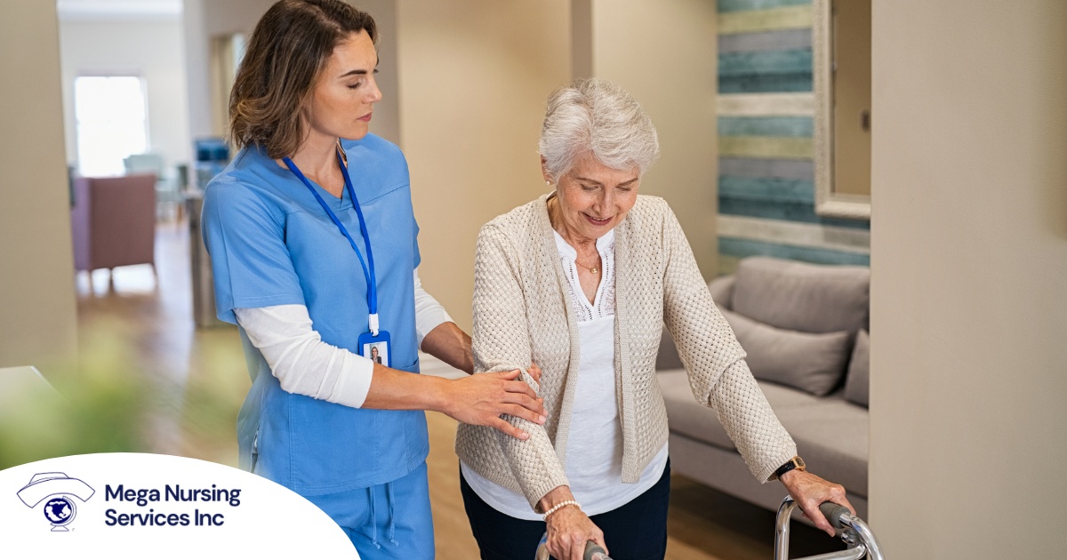 A professional caregiver helps an older client with a walker get around.