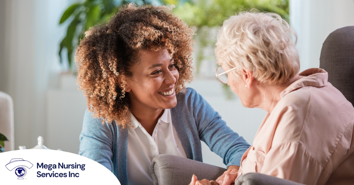 A caregiver warmly speaks with an older client, representing the quality communication that can come with bilingual care.