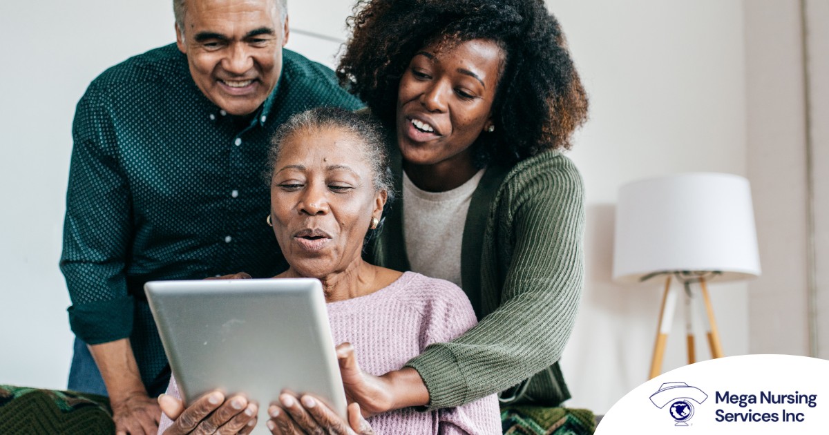 A daughter looks at a tablet with her older parents, representing technology and how ti can help with aging in place.