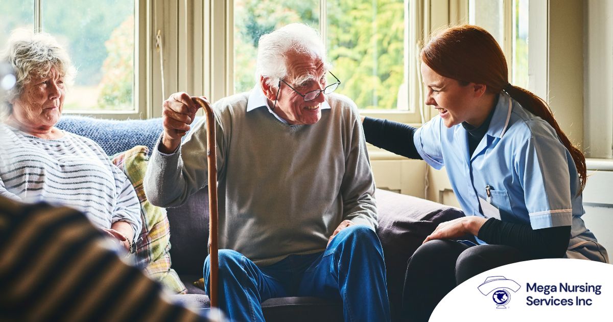 A woman has a good time with her older clients, representing the kind of personal skills needed to be a good caregiver.