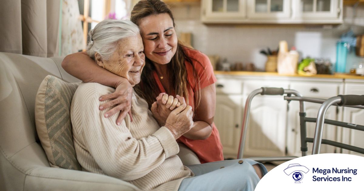 Caregiver supporting an elderly woman in the transition to senior home care