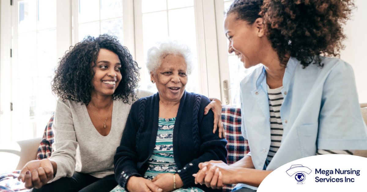 Caregiver talking to a family about Elderly Care