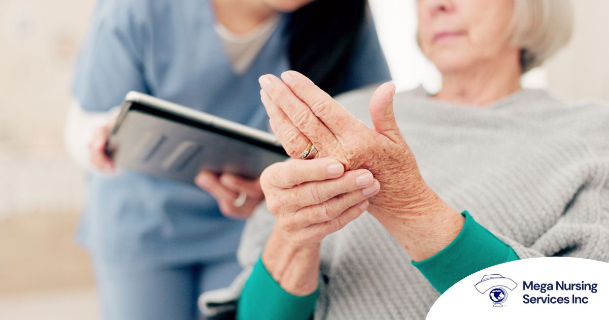 A caregiver provides in home care services to a senior with arthritis