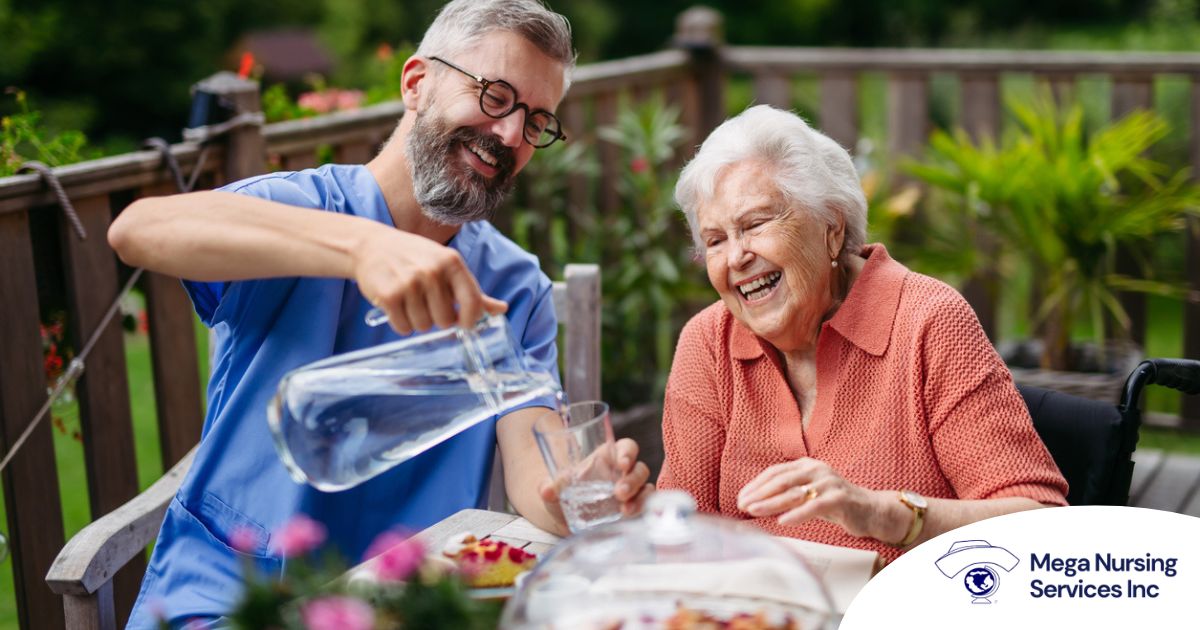 A caregiver applies summer Caregiving Tips including helping a senior stay hydrated.