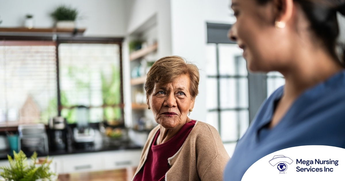 Caregiver provides attentive senior care as part of diabetes awareness