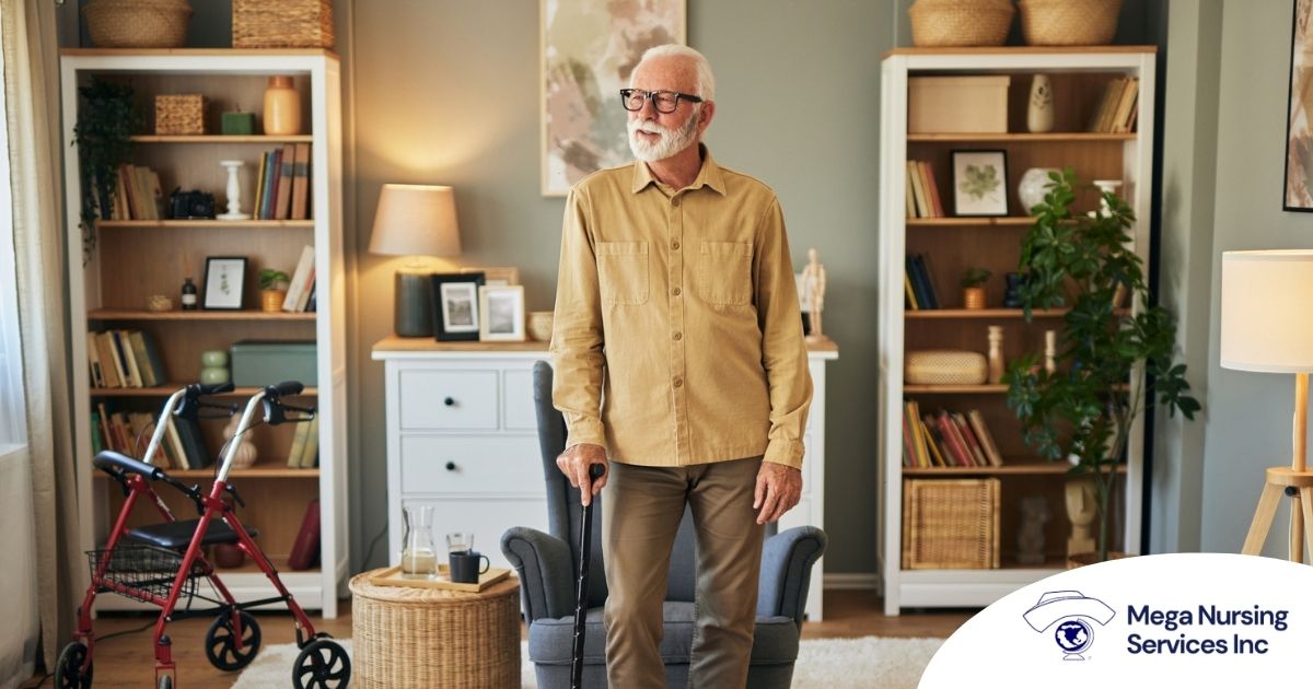 Exploring fall prevention for seniors — an elderly man stands in a safely arranged room.