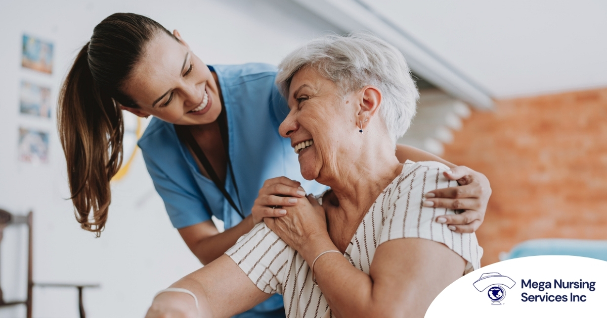 A female caregiver helping an older woman with stroke recovery at home.